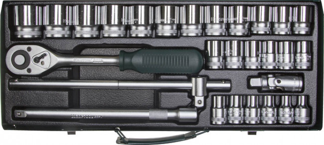 Набор торцовых головок KRAFTOOL "INDUSTRIE QUALITAT" (1/2") универсальный, Cr-V, металлический кейс, 28 предметов,  ( 27892-H28_z01 )