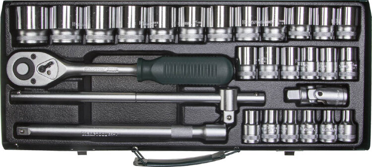 Набор торцовых головок KRAFTOOL "INDUSTRIE QUALITAT" (1/2") универсальный, Cr-V, металлический кейс, 28 предметов,  ( 27892-H28_z01 )