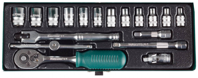 Набор торцовых головок KRAFTOOL "INDUSTRIE QUALITAT" (1/4") универсальный, Cr-V, металлический кейс, 18 предметов,  ( 27890-H18_z01 )