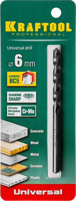 Сверло "UNIVERSAL" по бетону, металлу, дереву, KRAFTOOL PROFESSIONAL 29172-100-6, 6 х 100 мм, ( 29172-100-6_z01 ) Сверло "UNIVERSAL" по бетону, металлу, дереву, KRAFTOOL PROFESSIONAL 29172-100-6, 6 х 100 мм, ( 29172-100-6_z01 )