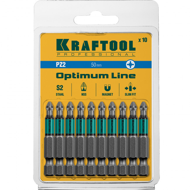 Optimum Line Биты, PZ2, 50 мм, тип хвостовика E 1/4", 10 шт в блистере, KRAFTOOL, ( 26124-2-50-10 ) Optimum Line Биты, PZ2, 50 мм, тип хвостовика E 1/4", 10 шт в блистере, KRAFTOOL, ( 26124-2-50-10 )