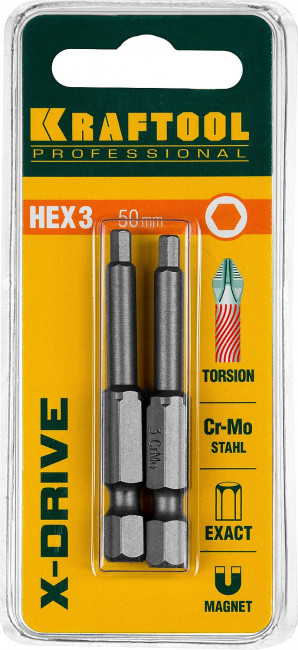 Биты "X-DRIVE" торсионные кованые, обточенные, KRAFTOOL 26127-3-50-2, Cr-Mo сталь, тип хвостовика E 1/4", HEX3, 50мм, 2шт,  ( 26127-3-50-2 )
