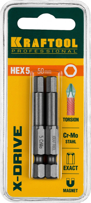 Биты "X-DRIVE" торсионные кованые, обточенные, KRAFTOOL 26127-5-50-2, Cr-Mo сталь, тип хвостовика E 1/4", HEX5, 50мм, 2шт, ( 26127-5-50-2 ) Биты "X-DRIVE" торсионные кованые, обточенные, KRAFTOOL 26127-5-50-2, Cr-Mo сталь, тип хвостовика E 1/4", HEX5, 50мм, 2шт, ( 26127-5-50-2 )