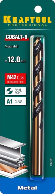 KRAFTOOL COBALT 12.0 х151мм, Сверло по металлу HSS-Co(8%) , сталь М42(S2-10-1-8)