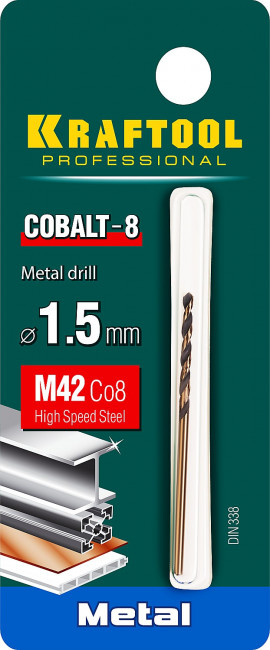 KRAFTOOL COBALT 1.5 х40мм, Сверло по металлу HSS-Co(8%) , сталь М42(S2-10-1-8) ( 29656-1.5 ) KRAFTOOL COBALT 1.5 х40мм, Сверло по металлу HSS-Co(8%) , сталь М42(S2-10-1-8) ( 29656-1.5 )