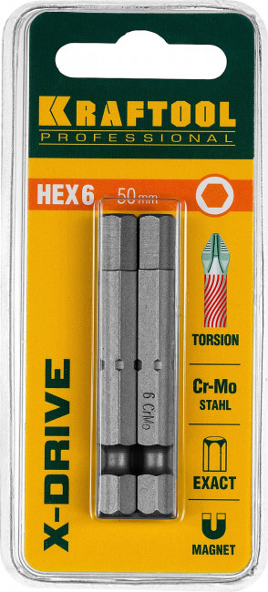 Биты "X-DRIVE" торсионные кованые, обточенные, KRAFTOOL 26127-6-50-2, Cr-Mo сталь, тип хвостовика E 1/4", HEX6, 50мм, 2шт,  ( 26127-6-50-2 )