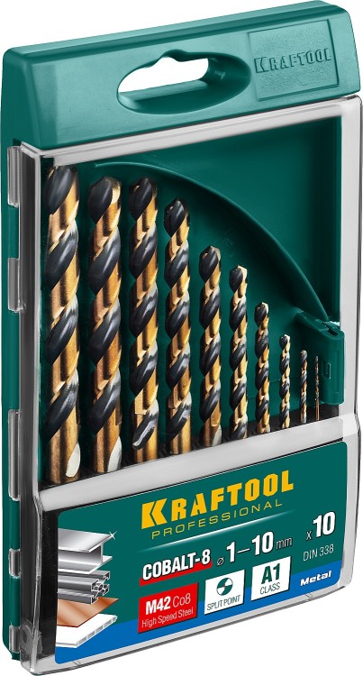 KRAFTOOL COBALT 10шт(1-10мм), Набор сверл по металлу HSS-Co(8%), сталь М42(S2-10-1-8) ( 29656-H10 )