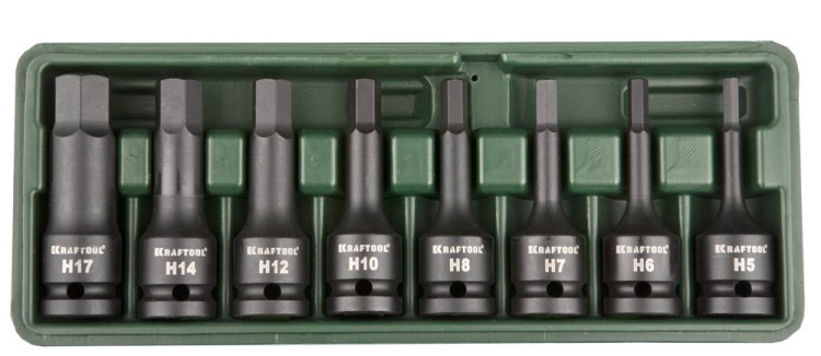 Торцовые головки KRAFTOOL "INDUSTRIE QUALITAT" ударные в наборе, (1/2"), Cr-Mo, фосфат., HEX, H5-H17, 8 шт.,  ( 27950-H8 )