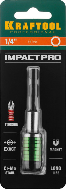 Адаптер KRAFTOOL "PRO" Impact Pro для бит, для ударных шуруповертов, хвостовик E 1/4", торсионный, 60мм