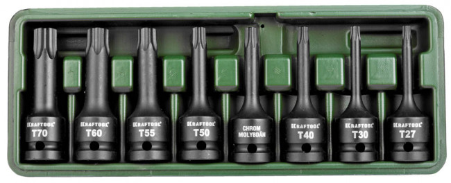 Торцовые головки KRAFTOOL "INDUSTRIE QUALITAT" ударные в наборе, (1/2"), Cr-Mo, фосфат., TORX, T27-T70, 8 шт. ,  ( 27952-H8 )