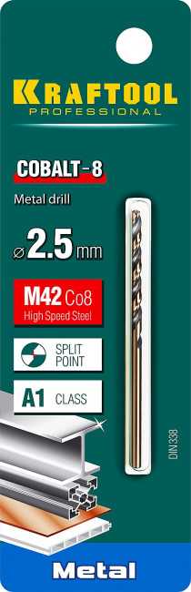 KRAFTOOL COBALT 2.5 х57мм, Сверло по металлу HSS-Co(8%) , сталь М42(S2-10-1-8) ( 29656-2.5 )