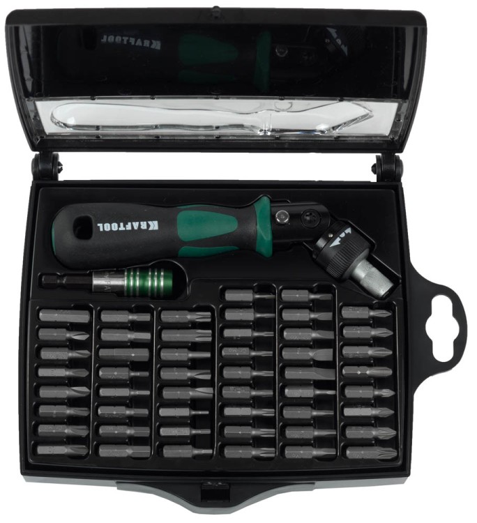 Отвертка KRAFTOOL "EXPERT", реверсивно-рычажная, с битами и головками, 52шт ,  ( 25555-H52 )