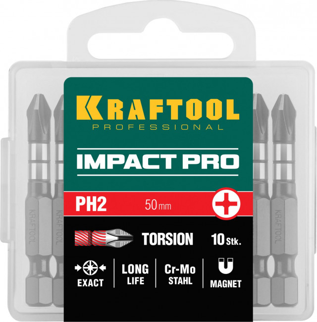 Биты KRAFTOOL Impact Pro, Philips, тип хвостовика E 1/4", PH2, 50мм, 10шт, в пластиковом боксе ( 26191-2-50-S10 ) Биты KRAFTOOL Impact Pro, Philips, тип хвостовика E 1/4", PH2, 50мм, 10шт, в пластиковом боксе ( 26191-2-50-S10 )