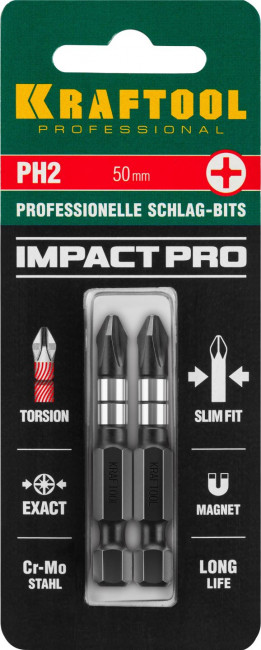 Биты KRAFTOOL Impact Pro, Philips, тип хвостовика E 1/4", PH2, 50мм, 2шт, на карточке ( 26191-2-50-S2 )
