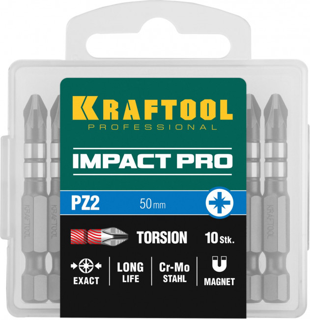 Биты KRAFTOOL Impact Pro, Pozidriv, тип хвостовика E 1/4", PZ2, 50мм, 10шт, в пластиковом боксе ( 26193-2-50-S10 ) Биты KRAFTOOL Impact Pro, Pozidriv, тип хвостовика E 1/4", PZ2, 50мм, 10шт, в пластиковом боксе ( 26193-2-50-S10 )