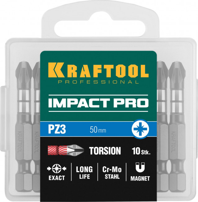Биты KRAFTOOL Impact Pro, Pozidriv, тип хвостовика E 1/4", PZ3, 50мм, 10шт, в пластиковом боксе ( 26193-3-50-S10 ) Биты KRAFTOOL Impact Pro, Pozidriv, тип хвостовика E 1/4", PZ3, 50мм, 10шт, в пластиковом боксе ( 26193-3-50-S10 )