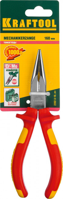 Тонкогубцы "ELECTRO-KRAFT", Cr-Mo сталь, двухкомпонентная маслобензостойкая рукоятка, хромированное покрытие, 160мм. KRAFTOOL 2202-3-16,  ( 2202-3-16_z01 )