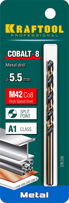 KRAFTOOL COBALT 5.5 х93мм, Сверло по металлу HSS-Co(8%) , сталь М42(S2-10-1-8) ( 29656-5.5 )