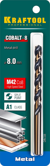 KRAFTOOL COBALT 8.0 х117мм, Сверло по металлу HSS-Co(8%) , сталь М42(S2-10-1-8) ( 29656-8 )