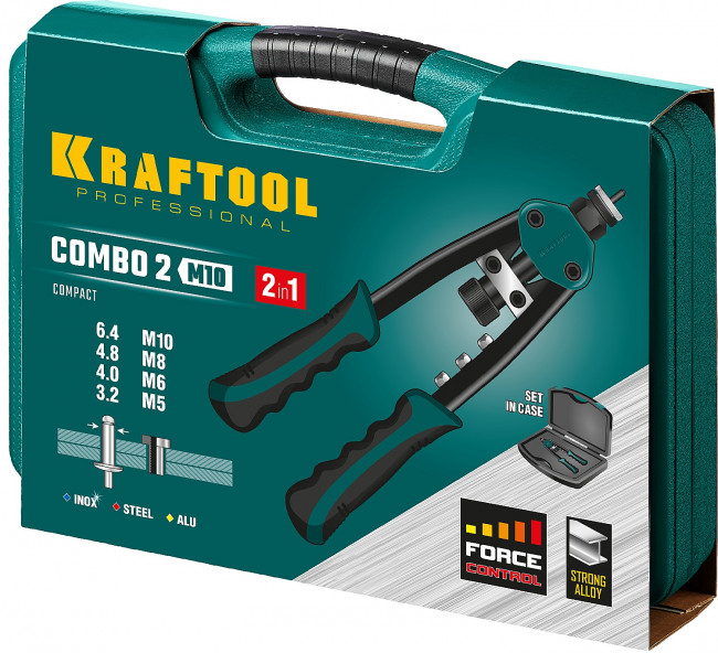 KRAFTOOL "Combo2-M10" заклепочник комбинированный компактный двуручный в кейсе, заклепки 3.2-6.4 мм, М5-М10, ( 31181 )