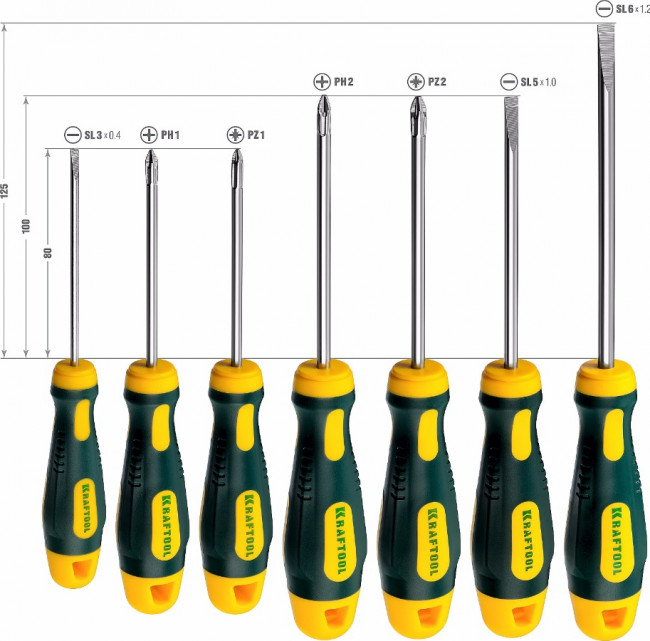 Набор X-Drive, KRAFTOOL 250081-H7: Отвертки профессиональные, SL: 3x80, 5x100, 6x125; PH: 1x80, 2x100; PZ: 1x80, 2x100,  ( 250081-H7 )