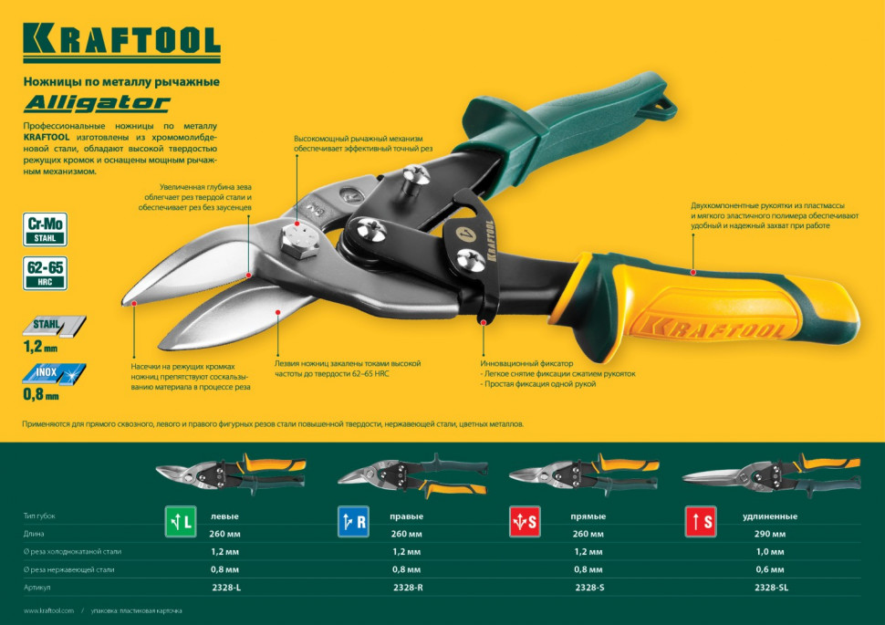 KRAFTOOL Ножницы по металлу Alligator, прямые удлинённые, Cr-Mo, 290 мм ...