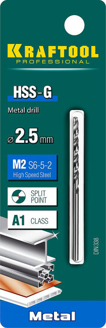 KRAFTOOL HSS-G 2.5 х57мм, Сверло по металлу HSS-G, сталь М2(S6-5-2) ( 29651-2.5 ) KRAFTOOL HSS-G 2.5 х57мм, Сверло по металлу HSS-G, сталь М2(S6-5-2) ( 29651-2.5 )