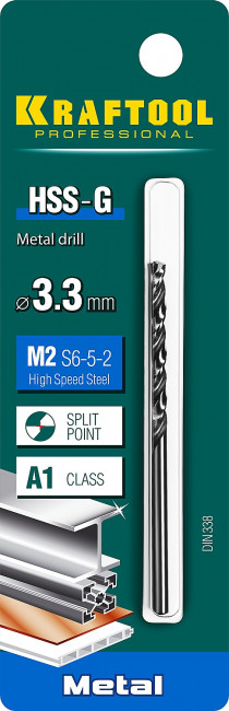 KRAFTOOL HSS-G 3.3 х65мм, Сверло по металлу HSS-G, сталь М2(S6-5-2) ( 29651-3.3 ) KRAFTOOL HSS-G 3.3 х65мм, Сверло по металлу HSS-G, сталь М2(S6-5-2) ( 29651-3.3 )