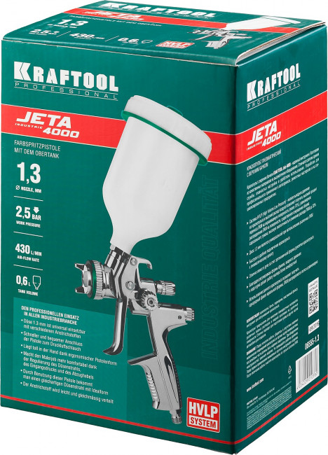 Краскопульт пневматический KRAFTOOL "PRO" Jeta 4000, HVLP, c верхним бачком, 1,3мм,  ( 06555-1.3 ) Краскопульт пневматический KRAFTOOL "PRO" Jeta 4000, HVLP, c верхним бачком, 1,3мм,  ( 06555-1.3 )