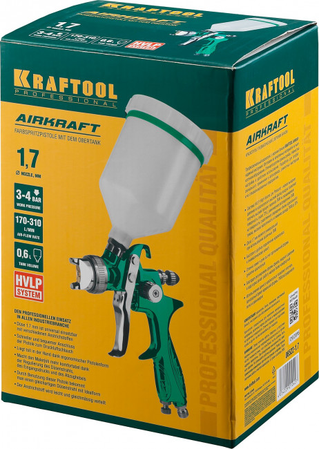 Краскопульт пневматический KRAFTOOL AirKraft, HVLP, с верхним бачком, 1,7мм,  ( 06522-1.7 )