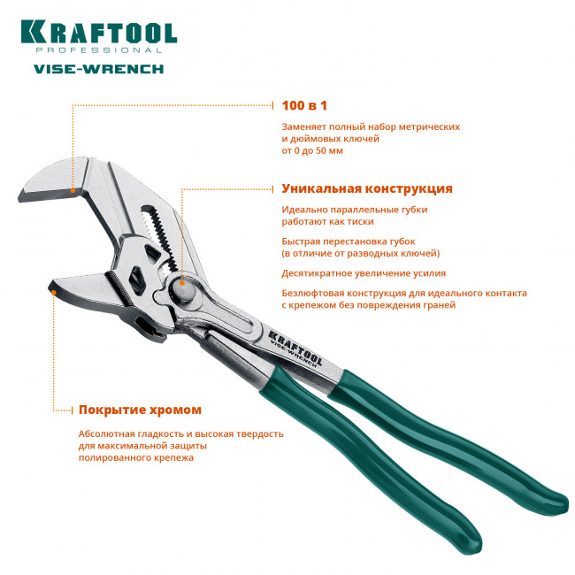 Клещи переставные-гаечный ключ KNIX (Vise-Wrench), 250 / 46 мм (1 3/4"), KRAFTOOL 22065, 22065