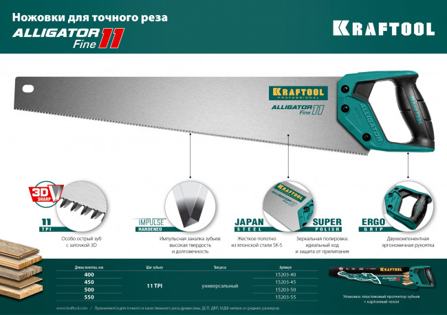 Ножовка для точного реза "Alligator 11", 550 мм, 11 TPI 3D зуб, KRAFTOOL ( 15203-55 )