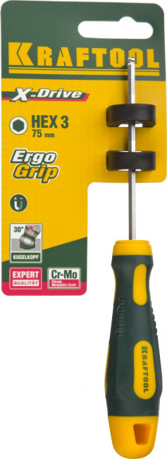 Отвертка KRAFTOOL, Cr-Mo-V сталь, двухкомпонентная противоскользящая рукоятка, HEX, №3x75мм,  ( 250075-3-075 )