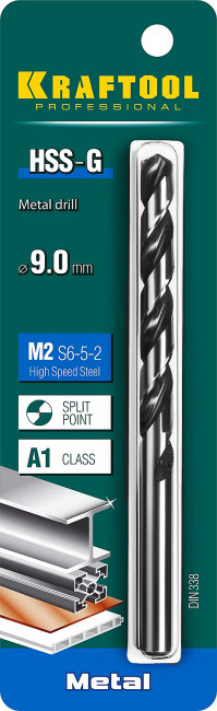 KRAFTOOL HSS-G 9.0 х125мм, Сверло по металлу HSS-G, сталь М2(S6-5-2) ( 29651-9 )
