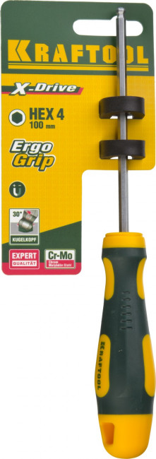 Отвертка KRAFTOOL, Cr-Mo-V сталь, двухкомпонентная противоскользящая рукоятка, HEX, №4x100мм,  ( 250075-4-100 )