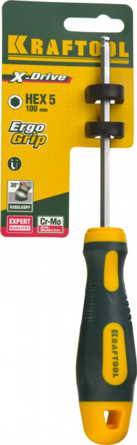 Отвертка KRAFTOOL, Cr-Mo-V сталь, двухкомпонентная противоскользящая рукоятка, HEX, №5x100мм,  ( 250075-5-100 )