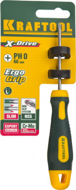Отвертка KRAFTOOL, Cr-Mo-V сталь, двухкомпонентная противоскользящая рукоятка, PH, №0x60мм,  ( 250072-0-060 )