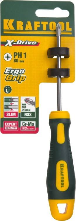 Отвертка KRAFTOOL, Cr-Mo-V сталь, двухкомпонентная противоскользящая рукоятка, PH, №1x80мм,  ( 250072-1-080 )