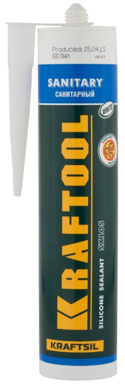 Герметик силиконовый KRAFTOOL белый, санитарный, для помещений с повышенной влажностью, 300мл,  ( 41255-0 )