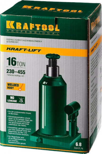 Домкрат гидравлический бутылочный "Kraft-Lift", сварной, 16т, 230-455мм, KRAFTOOL 43462-16,  ( 43462-16_z01 )