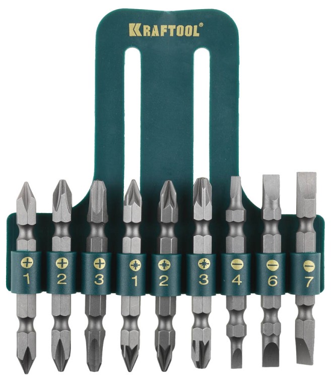 Набор KRAFTOOL Биты двухсторонние, в пласт. держателе, Cr-V, 9 предметов,  ( 26060-H10 )