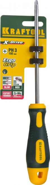 Отвертка KRAFTOOL, Cr-Mo-V сталь, двухкомпонентная противоскользящая рукоятка, PH, №3x150мм,  ( 250072-3-150 )