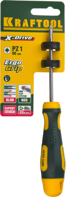 Отвертка KRAFTOOL, Cr-Mo-V сталь, двухкомпонентная противоскользящая рукоятка, PZ, №1x80мм,  ( 250073-1-080 )