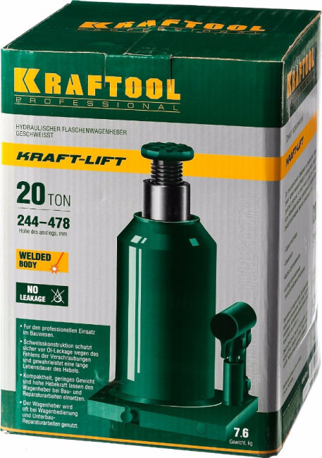 Домкрат гидравлический бутылочный "Kraft-Lift", сварной, 20т, 244-478мм, KRAFTOOL 43462-20,  ( 43462-20_z01 ) Домкрат гидравлический бутылочный "Kraft-Lift", сварной, 20т, 244-478мм, KRAFTOOL 43462-20,  ( 43462-20_z01 )