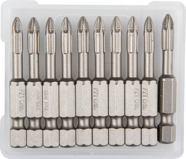 Биты "X-DRIVE" торсионные кованые, обточенные, KRAFTOOL 26123-1-50-10, Cr-Mo сталь, тип хвостовика E 1/4", PZ1, 50мм, 10шт,  ( 26123-1-50-10 )