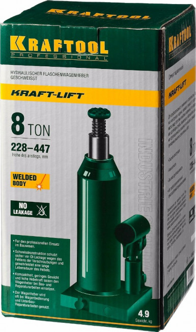 Домкрат гидравлический бутылочный "Kraft-Lift", сварной, 8т, 228-447мм, KRAFTOOL 43462-8,  ( 43462-8_z01 )