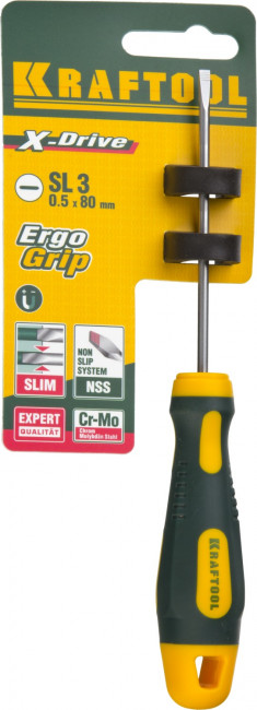 Отвертка KRAFTOOL, Cr-Mo-V сталь, двухкомпонентная противоскользящая рукоятка, SL, 3,0x80мм, ( 250071-3.0-080 ) Отвертка KRAFTOOL, Cr-Mo-V сталь, двухкомпонентная противоскользящая рукоятка, SL, 3,0x80мм, ( 250071-3.0-080 )