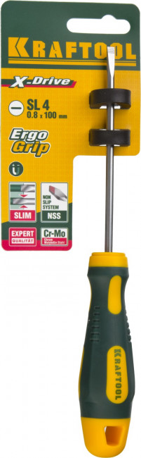 Отвертка KRAFTOOL, Cr-Mo-V сталь, двухкомпонентная противоскользящая рукоятка, SL, 4,0x100мм, ( 250071-4.0-090 ) Отвертка KRAFTOOL, Cr-Mo-V сталь, двухкомпонентная противоскользящая рукоятка, SL, 4,0x100мм, ( 250071-4.0-090 )