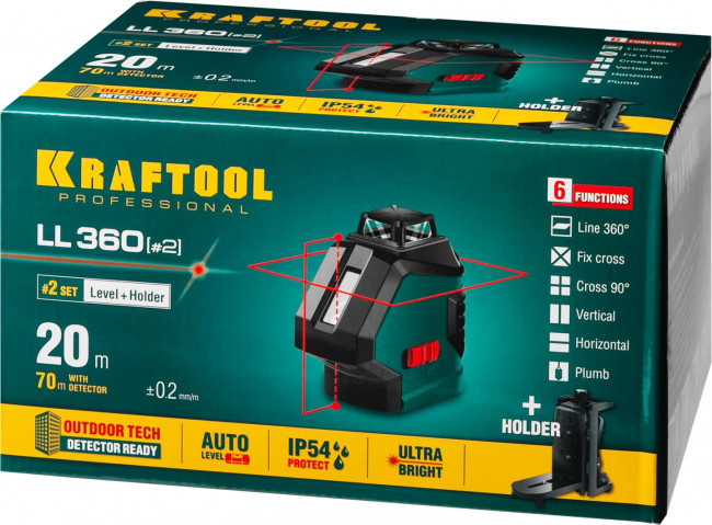 KRAFTOOL LL360 #2 нивелир лазерный, 2х360° , 20м/70м,  IP54, точн. +/-0,2 мм/м, держатель, в коробке ( 34645-2 ) KRAFTOOL LL360 #2 нивелир лазерный, 2х360° , 20м/70м,  IP54, точн. +/-0,2 мм/м, держатель, в коробке ( 34645-2 )