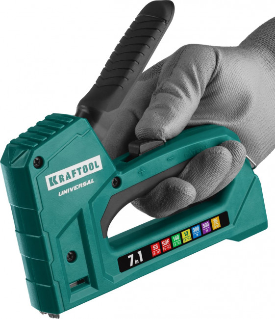 Степлер для скоб "Universal" 7-в-1: 53(6-14мм)/53F(10-14мм)/140(10-14мм)/13(6-14мм)/36(10-14мм)/300(16мм)/500(16мм), скобы в компл, KRAFTOOL, ( 31524 )